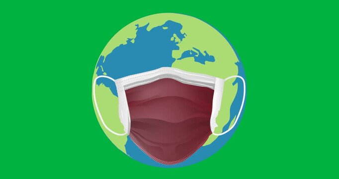 Digital animation of red facemask icon over globe against black background