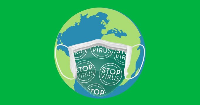 Digital animation of green printed facemask icon over globe against black background