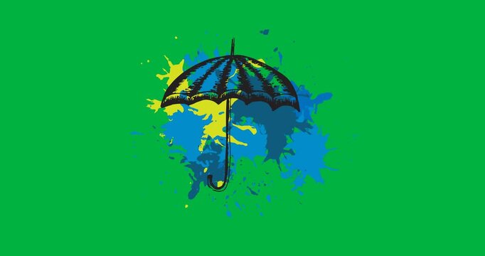 Digital animation of umbrella icon over paint splash against black background