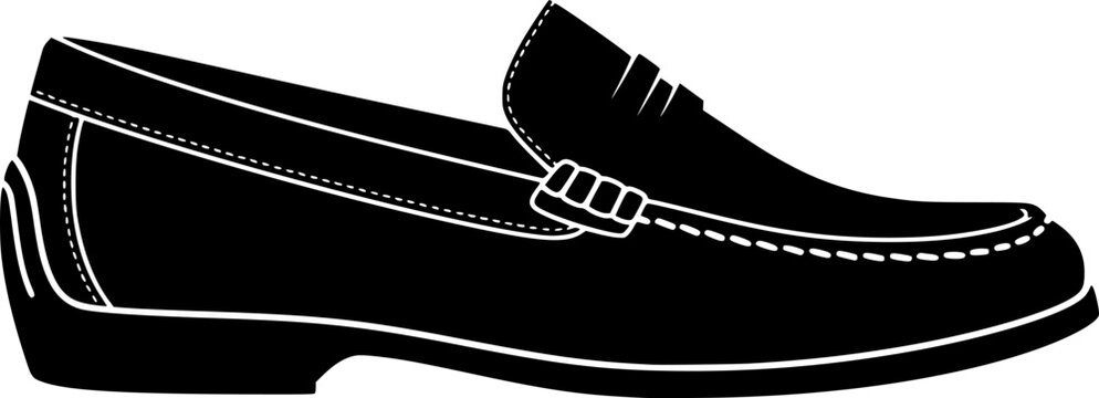 Black silhouette of a loafer shoe with white stitching on a isolated on white background
