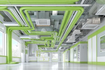 Obraz premium Modern building interior with extensive green piping and climate control systems