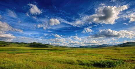 Fototapeta premium Vast green plains stretching to distant, rolling hills under a dramatic sky
