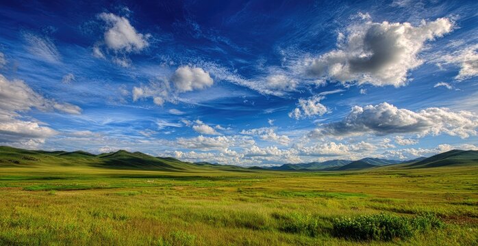 Vast green plains stretching to distant, rolling hills under a dramatic sky
