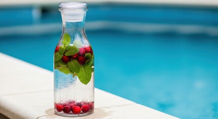 Obraz premium Cranberry Infused Water Bottle Near Pool