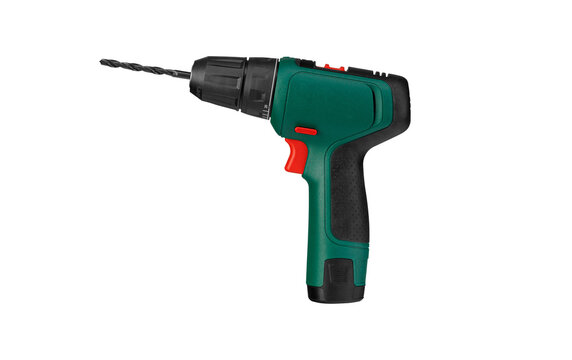 Portable green electric drill with a metal or wood drill bit. Professional drilling tool presented in isolation on a clean white background for a catalog.