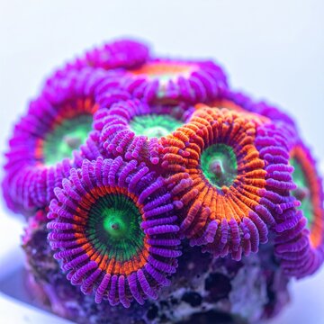 Macro closeup of vibrant zoanthid coral colony with purple tentacles and neon green centers, aquarium marine life, saltwater reef biodiversity
