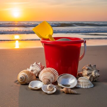 Beach bucket and seashells at sunset, a summer vacation scene.