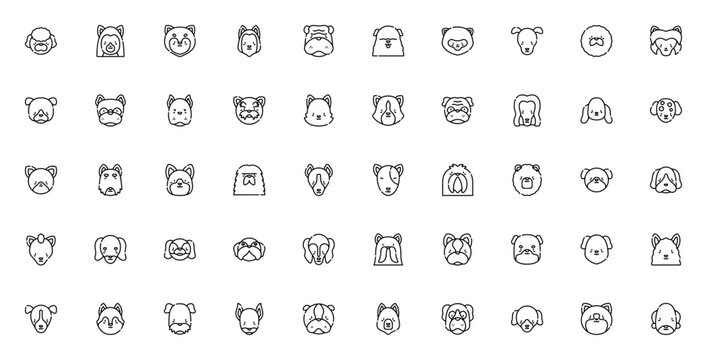 Dog breeds icon set. Vector illustration of various dogs including French Poodle, Shiba Inu, German Shepherd, Dachshund, Bulldog, and more. Minimal line icons.