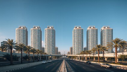 Fototapeta premium Urban Cityscape with Two Large White High Rise Buildings and a Wide Empty Street Below 