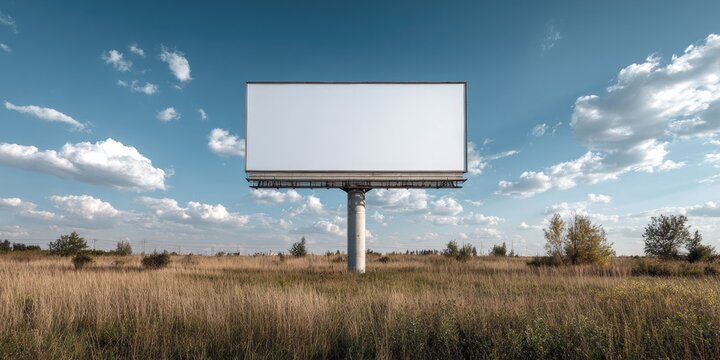 A large, blank billboard stands in a vast, open field under a partly cloudy sky