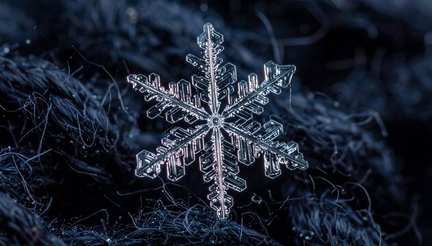 Macro close-up of a perfect snowflake, showing its intricate crystalline structure on a dark, textured winter fabric, highlighting nature's delicate and unique frosty beauty