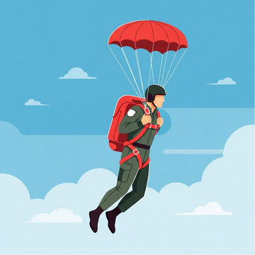 Parachutist Descending Through Cloudy Sky.