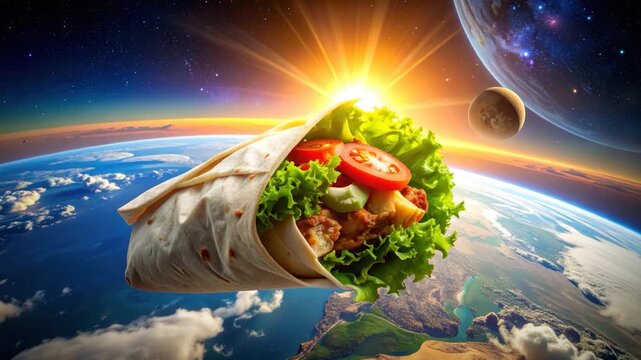A food wrap in space, Earth below, planets & sun flare in view
