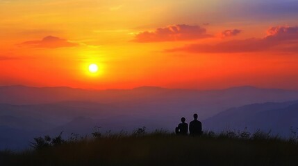 Fototapeta premium Silhouetted figures watching sunset over mountains