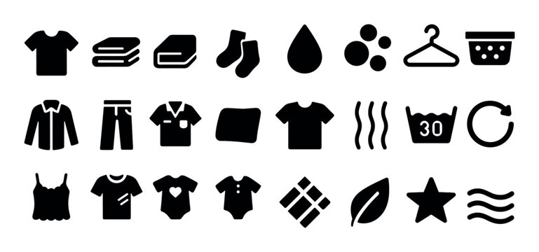 Clothing and laundry symbols in flat silhouette set