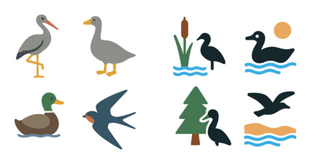 Obraz premium Various water and woodland birds illustrated as icons