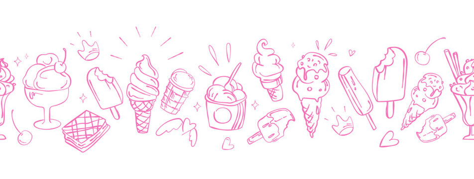 Ice cream seamless pink line art border pattern with cones popsicles sundae and sweet desserts for packaging wrapping paper fabric textile wallpaper web, banners menus and summer design.Vector