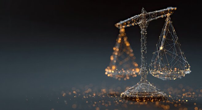 Abstract digital scales, luminous, representing justice, law, and truth