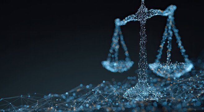 Digital scales of justice formed by glowing blue abstract particles on dark