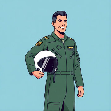 Pilot in Green Flight Suit Holding Helmet.