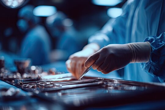 Gloved hands carefully select surgical instruments from a tray