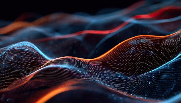 Glowing abstract light waves ripple and flow in the dark, digital