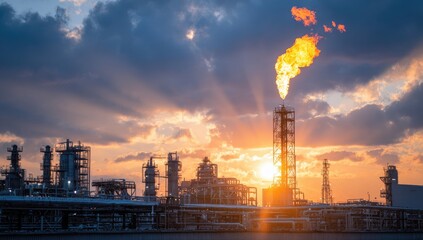 Obraz premium Industrial plant with a towering flame against a dramatic sunset sky