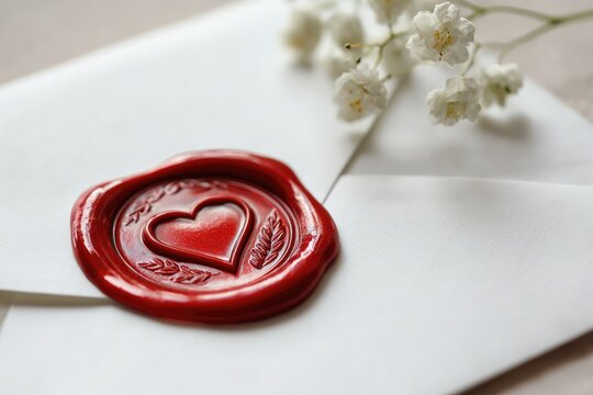 A red wax seal with a heart design rests on a white envelope adorned with delicate flowers