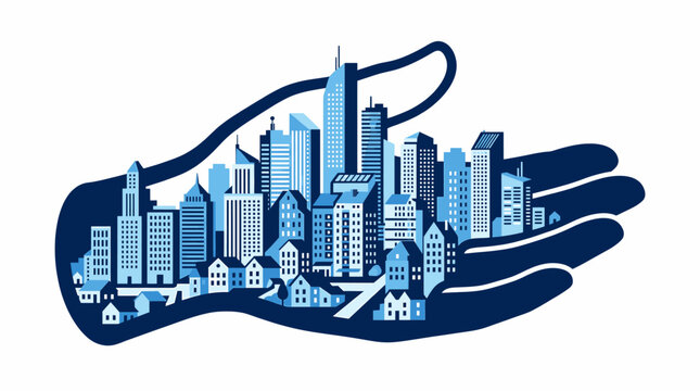 Urban Cityscape Held Protectively in Open Hands Blue Illustration