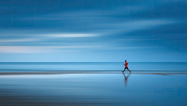 Lone figure jogging on a wet beach with blurred blue sky and water