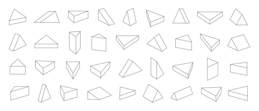 Vector Set of Isometric Triangular Prisms. Various 3D Triangular Solids Outlines.