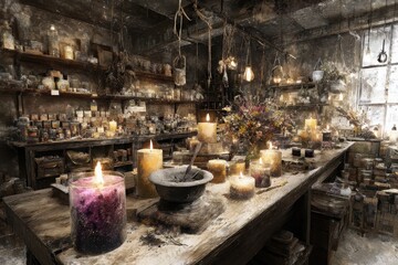 Obraz premium Cozy, rustic apothecary filled with candles, herbs, and jars, creating a mystical atmosphere