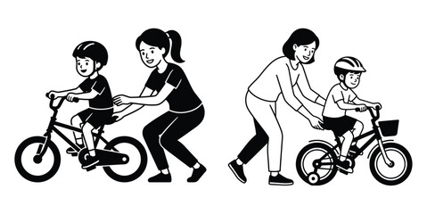Obraz premium Vector illustration of a woman helping a child learn to ride a bike