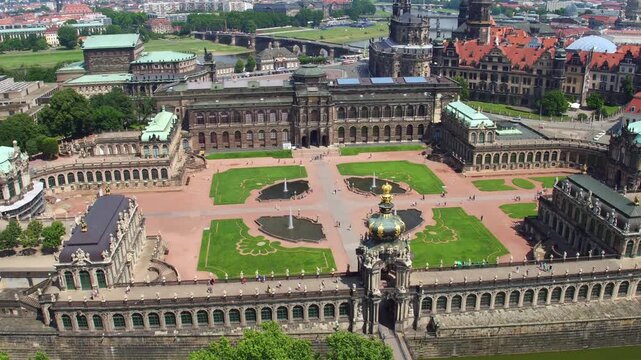 Bird's-eye view of the Dresden Zwinger courtyard, showing the symmetrical Baroque garden with four ponds and path network, adjacent to the historic building.