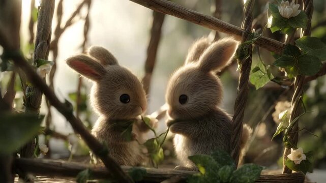Two adorable fluffy bunnies eating leaves in a natural garden setting cute animal concept for spring and Easter soft focus background