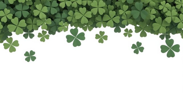 Whimsical pattern of four-leaf clovers scattered across a white background with green foliage