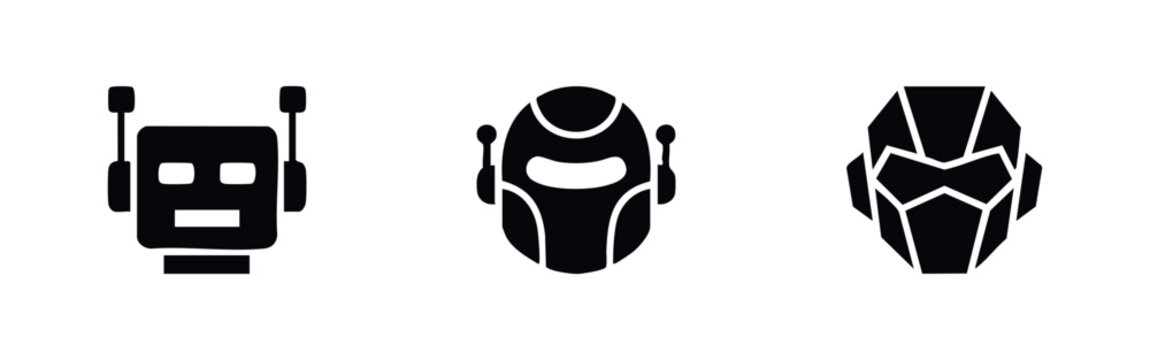 Set of three robot head icons in black silhouette on white background.