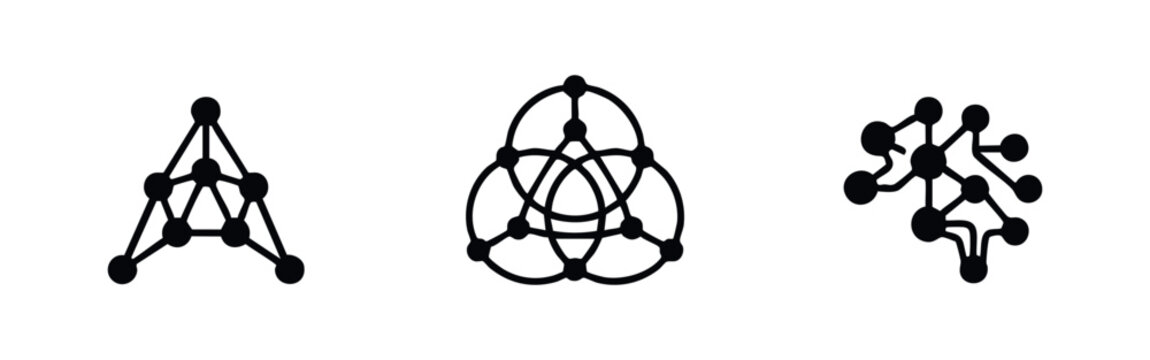 Three abstract geometric network icons in black silhouette on white.