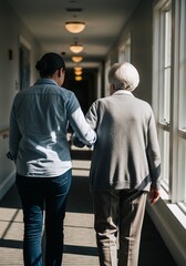 Obraz premium Caregiver Assisting Elderly Woman in a Hallway with Natural Light from Windows