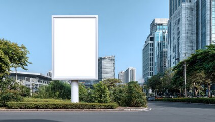 Obraz premium Empty blank billboard in a modern urban cityscape with trees and buildings