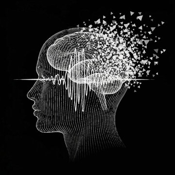 Abstract representation of a human head with a disintegrating brain and brainwaves.