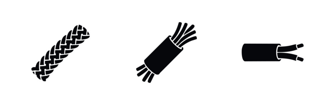 Braided rope, bundled wires, and cut electrical wires icons on white background.
