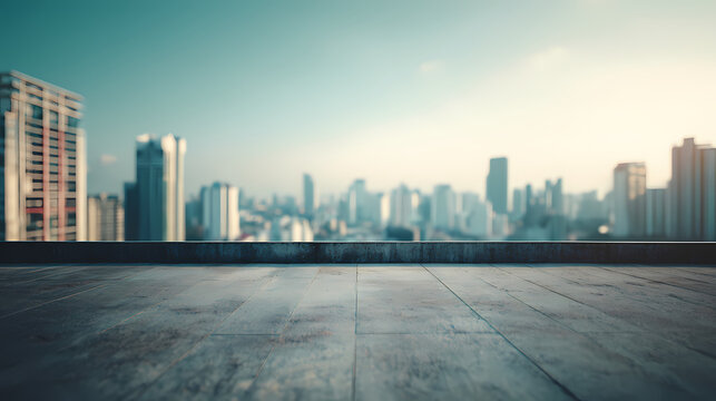 Empty Rooftop Terrace with City Skyline View