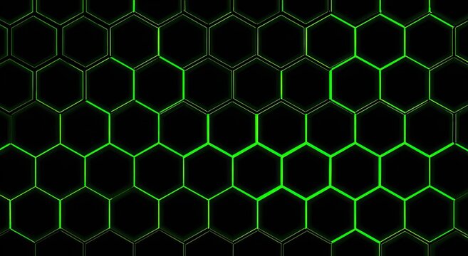 Abstract glowing green hexagonal grid pattern on a dark background