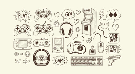 Hand-drawn gaming elements collection with controllers console arcade and accessories in sketch. © RUMA