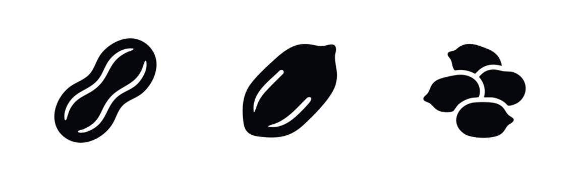 Three black icons of peanuts and a pile of peanuts on a white background