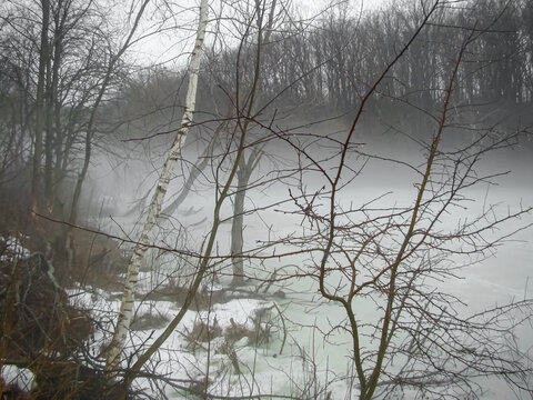Fog in early spring on a pond in the countryside.
