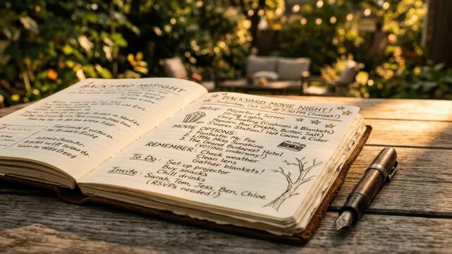 a close-up shot reveals an open journal page resting on a table, illuminated by streaming sunlight that highlights handwritten notes and plans for an upcoming movie night