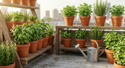 Fototapeta premium AI-generated rooftop herb garden with potted plants and watering