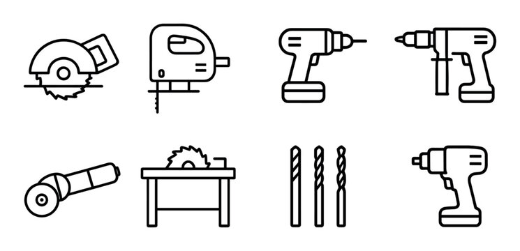 Power tool icons and drill bits arranged on white